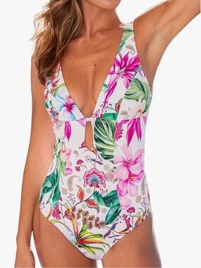 Cupshe White Tropical Floral Plunge One-Piece Swimsuit XL